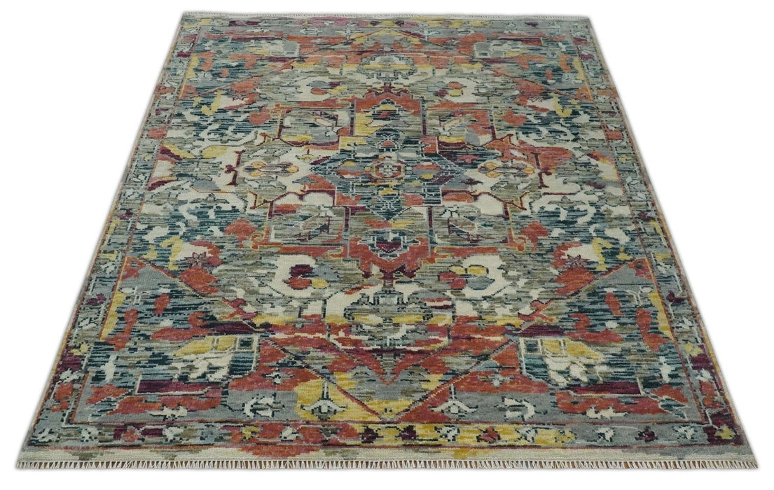 Modern Transitional 8x10 Ivory, Rust, Yellow and Charcoal Serapi wool Area Rug
