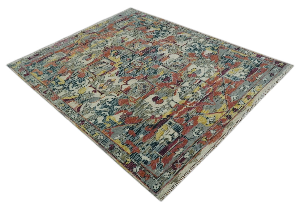 Modern Transitional 8x10 Ivory, Rust, Yellow and Charcoal Serapi wool Area Rug