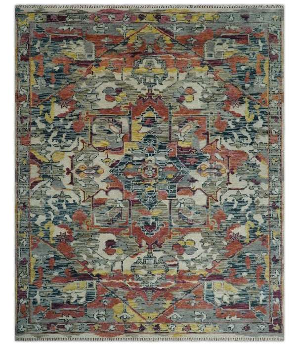Modern Transitional 8x10 Ivory, Rust, Yellow and Charcoal Serapi wool Area Rug