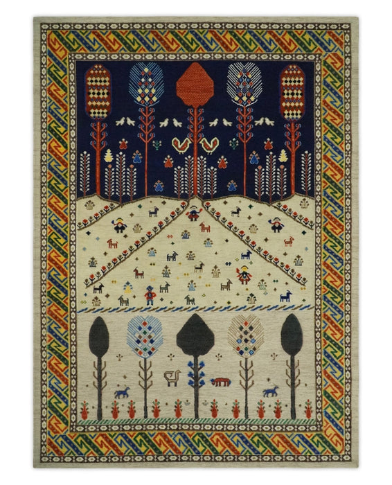 Flatwoven Soumak Weave 5x7 Beige and Blue Tribal Hand Spun Wool Hand Woven Southwestern Gabbeh Rug | KNT44