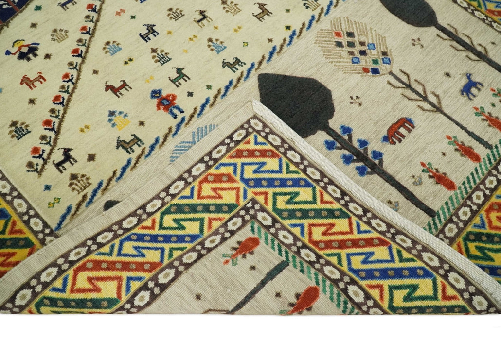 Flatwoven Soumak Weave 5x7 Beige and Blue Tribal Hand Spun Wool Hand Woven Southwestern Gabbeh Rug | KNT44
