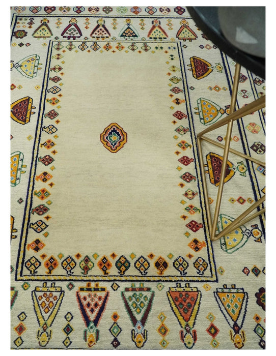 Tribal Art 5x7 Ivory and Beige Hand Spun Wool Hand Woven Southwestern Gabbeh Rug | KNT43