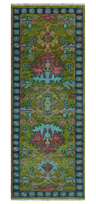 Moss Green, Blue and Peach Hand Knotted Vibrant colorful Donegal Design Multi Size Wool Area Rug