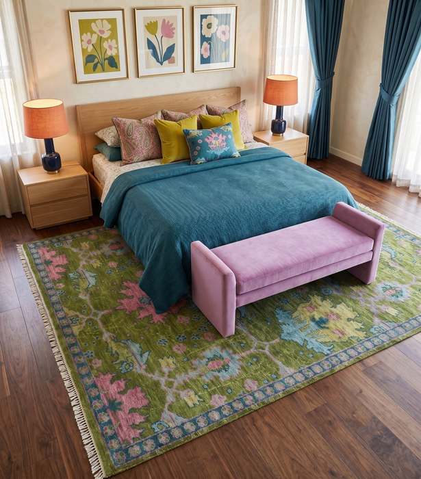 Moss Green, Blue and Peach Hand Knotted Vibrant colorful Donegal Design Multi Size Wool Area Rug