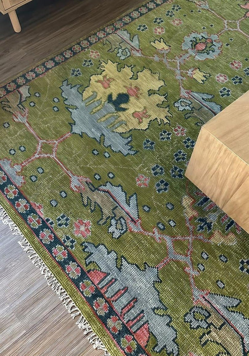 Moss Green, Blue and Peach Hand Knotted Vibrant colorful Donegal Design Multi Size Wool Area Rug