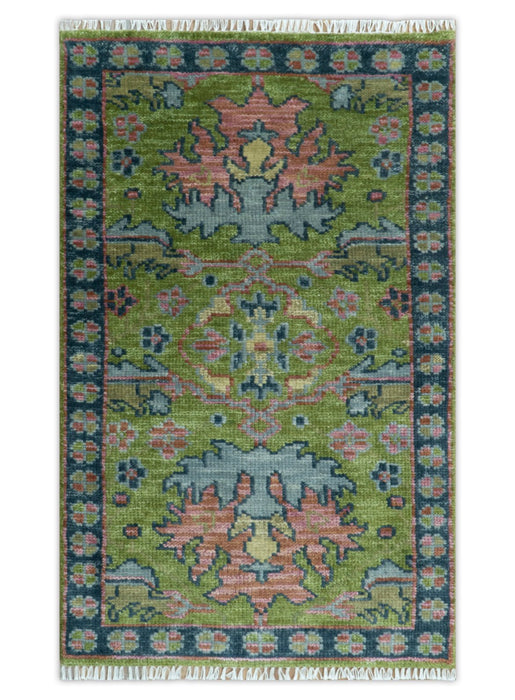 Moss Green, Blue and Peach Hand Knotted Vibrant colorful Donegal Design Multi Size Wool Area Rug