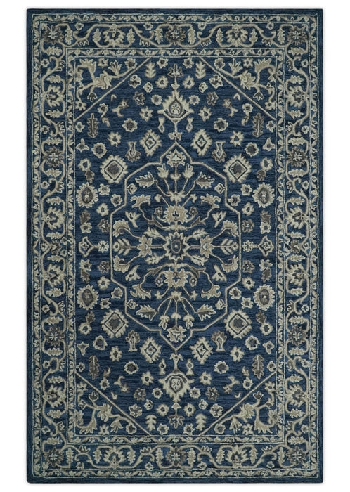 Multi Size Hand Tufted Blue and Beige Traditional Medallion 8x10, 9x12 Antique Style Rug, Kids, Living Room and Bedroom Rug | TRD6441