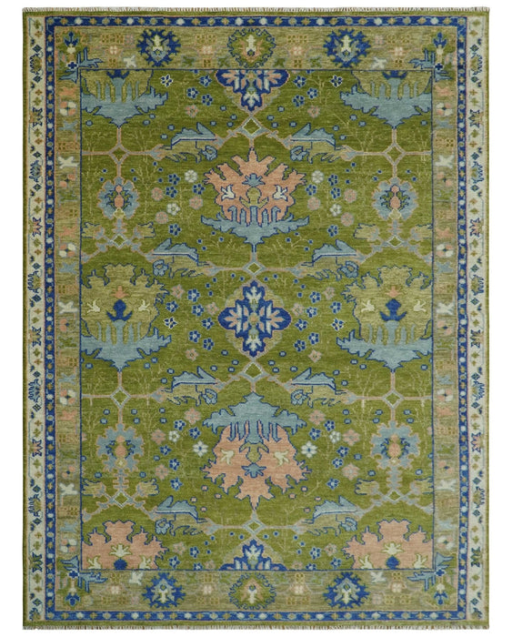 Multi size Moss Green, Blue and Peach Hand Knotted Vibrant colorful Donegal Wool Rug