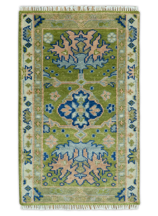 Multi size Moss Green, Blue and Peach Hand Knotted Vibrant colorful Donegal Wool Rug