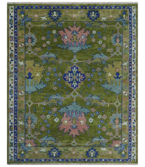 Multi size Moss Green, Blue and Peach Hand Knotted Vibrant colorful Donegal Wool Rug