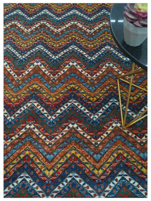 Multicolor Modern Chevron Design 7x10 Hand Knotted wool Area Rug