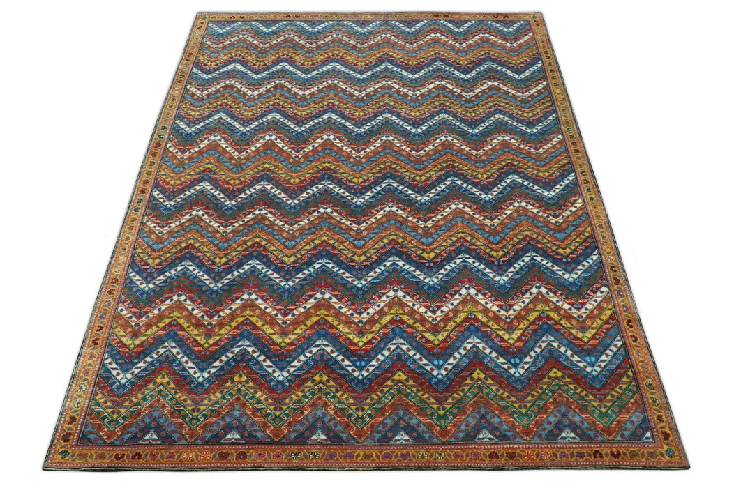 Multicolor Modern Chevron Design 7x10 Hand Knotted wool Area Rug