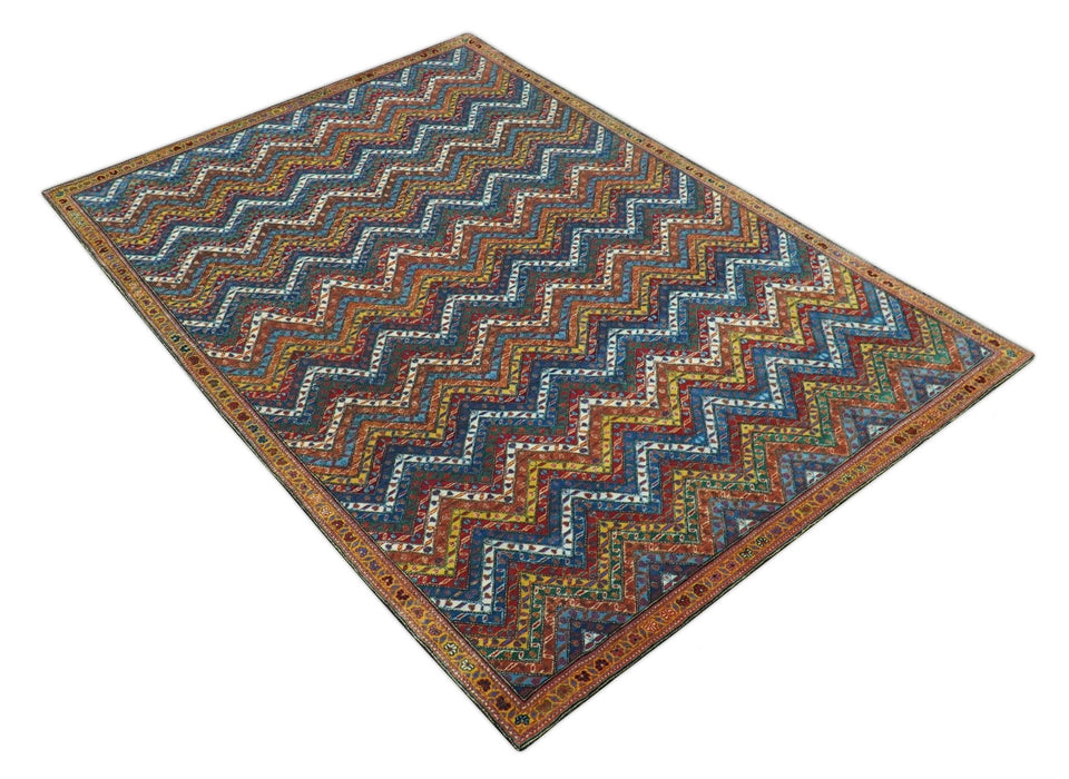 Multicolor Modern Chevron Design 7x10 Hand Knotted wool Area Rug