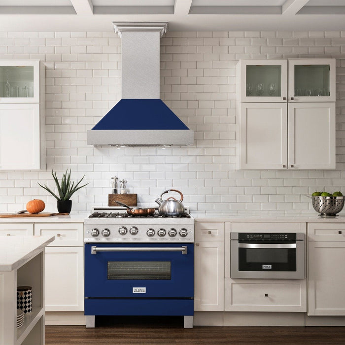 ZLINE 36" Dual Fuel Range in DuraSnow® with Blue Gloss Door & 36" Range Hood Appliance Package, 2KP-RASBGRH36