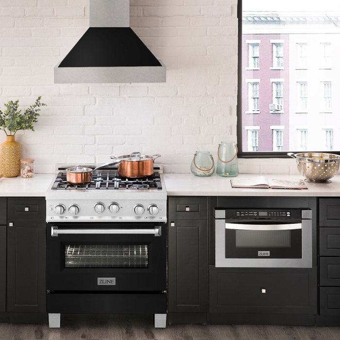 ZLINE 30" Professional Gas Range in DuraSnow® with Black Matte Door & 30" Range Hood Appliance Package, 2KP-RGSBLMRH30