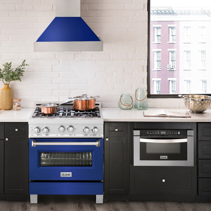 ZLINE 30" Professional Gas Range in DuraSnow® with Blue Matte Door & 30" Range Hood Appliance Package, 2KP-RGSBMRH30