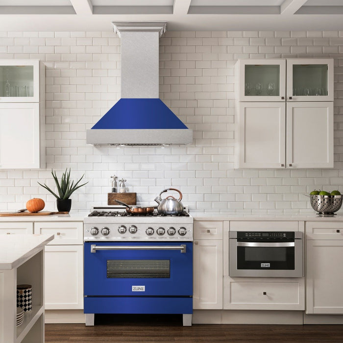 ZLINE 36" Professional Gas Range in DuraSnow® with Blue Matte Door & 36" Range Hood Appliance Package, 2KP-RGSBMRH36