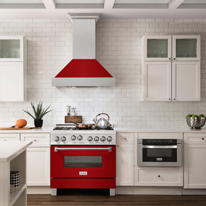 ZLINE 36" Professional Gas Range in DuraSnow® with Red Gloss Door & 36" Range Hood Appliance Package, 2KP-RGSRGRH36