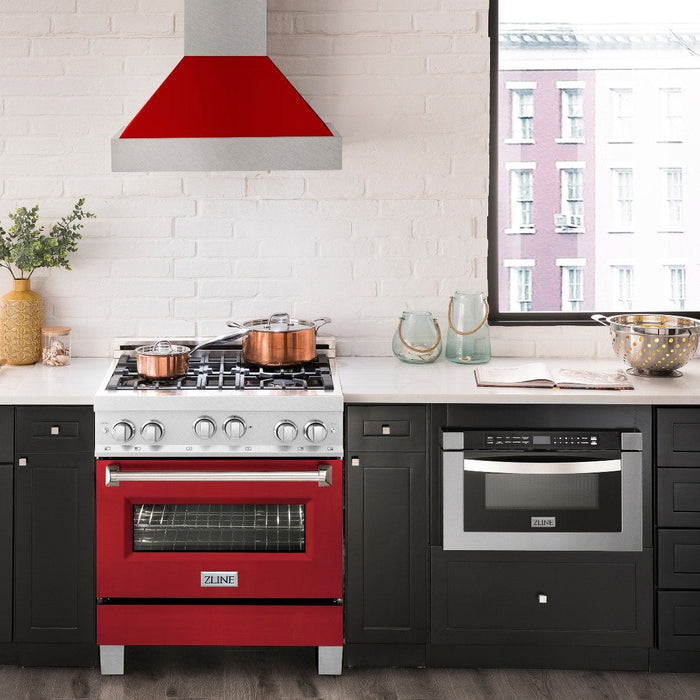 ZLINE 30" Professional Gas Range in DuraSnow® with Red Matte Door & 30" Range Hood Appliance Package, 2KP-RGSRMRH30