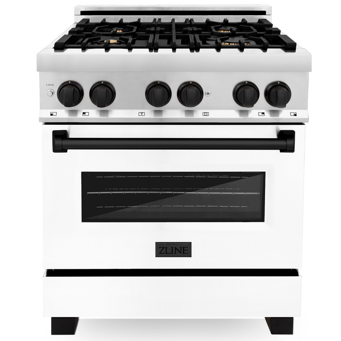 ZLINE Autograph 30" 4.0 cu. ft. Dual Fuel Range with White Matte Door and Black Matte Accents, RAZ-WM-30-MB