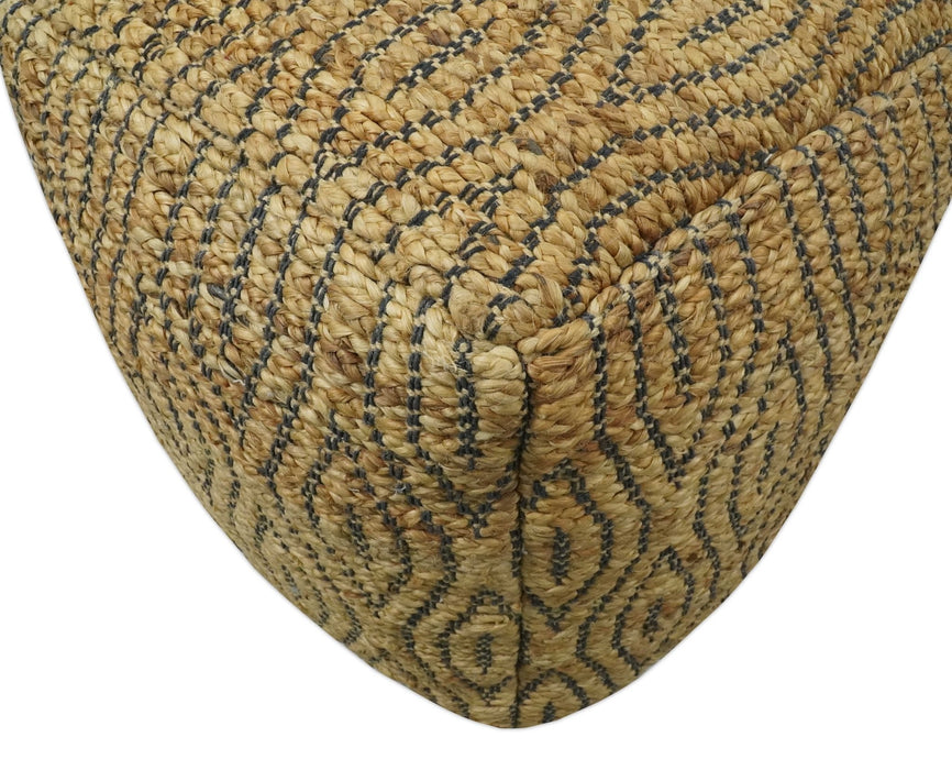 Natural Brown and Charcoal Hand Woven Geometrical Design Jute Pouf