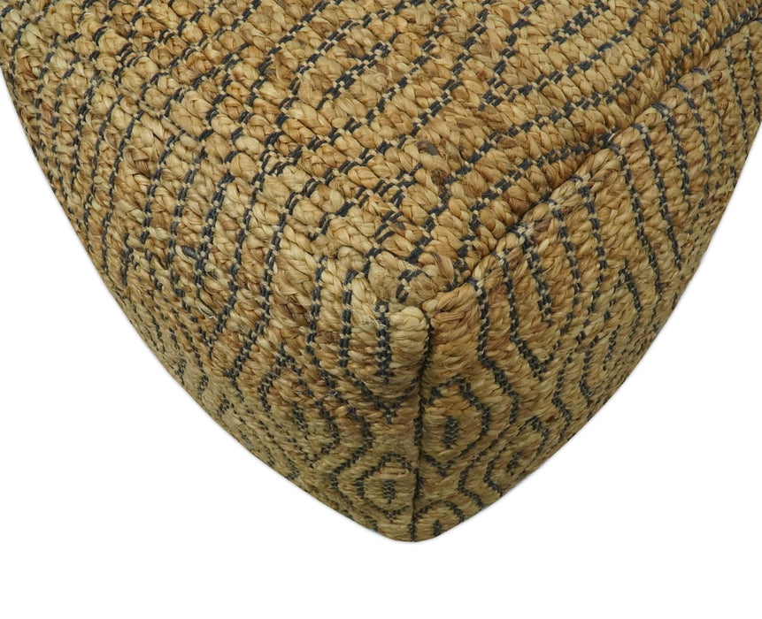 Natural Brown and Charcoal Hand Woven Geometrical Design Jute Pouf