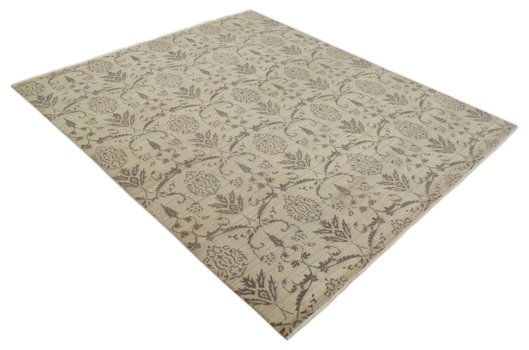 Neutral 8x10 Hand Knotted Camel and Brown Floral Traditional Antique Style Wool Area Rug