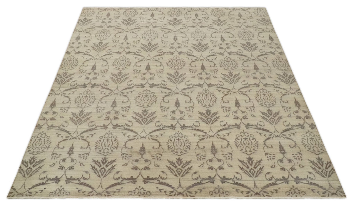 Neutral 8x10 Hand Knotted Camel and Brown Floral Traditional Antique Style Wool Area Rug