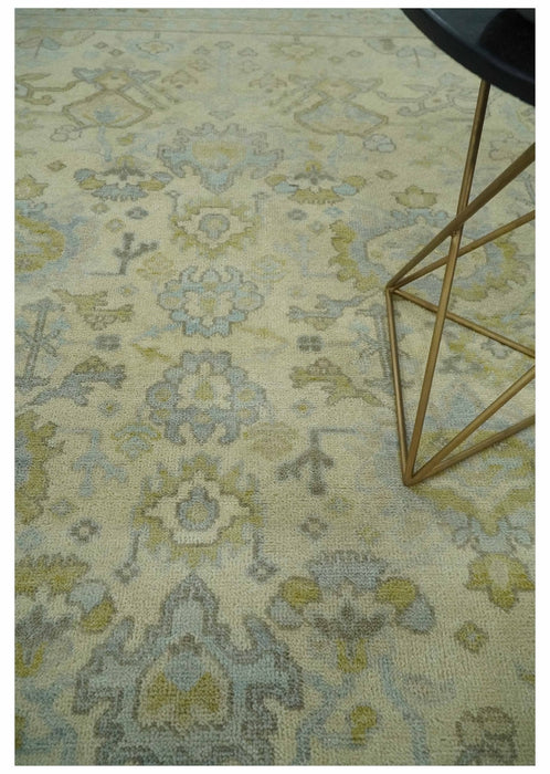 Neutral Beige and silver 8x10 Traditional Antique Finish Hand knotted Wool Area Rug