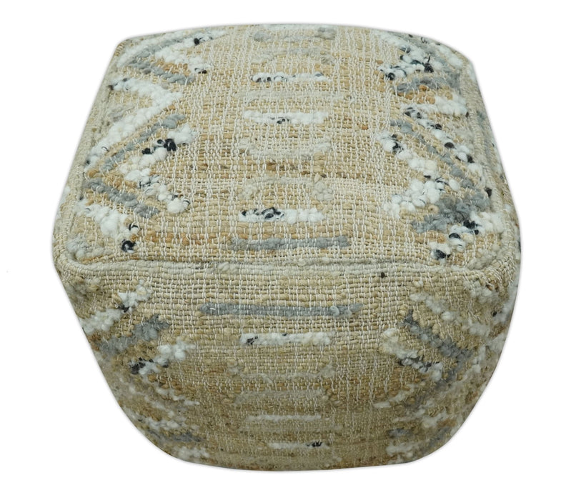 Neutral Beige, Ivory and Gray Hand Woven Stripes Design Jute and wool Pouf