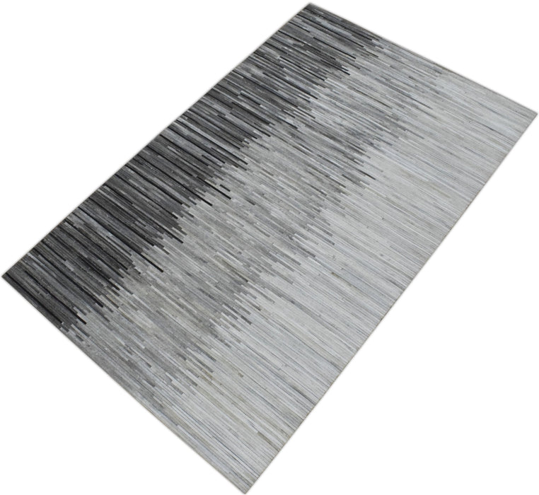 Hairon Leather Stripe Design Handmade Gray and Silver Area Rug, Hand Stitched Genuine Leather Rug | LR5