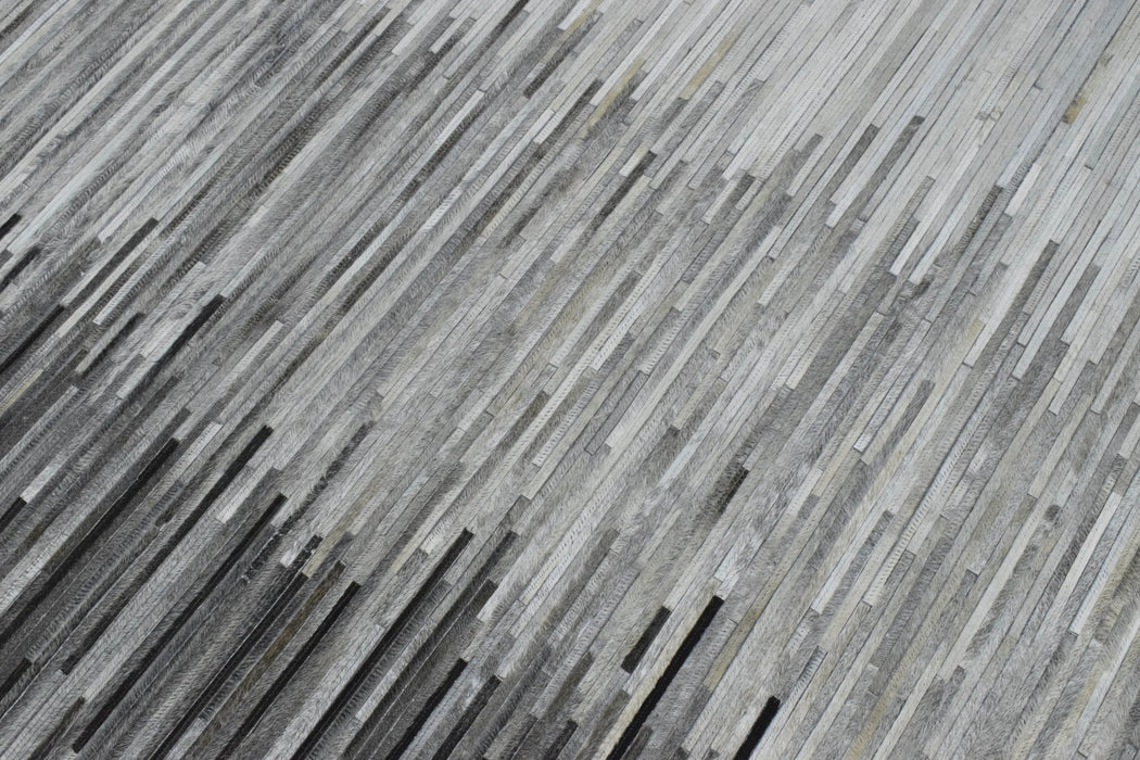 Hairon Leather Stripe Design Handmade Gray and Silver Area Rug, Hand Stitched Genuine Leather Rug | LR5