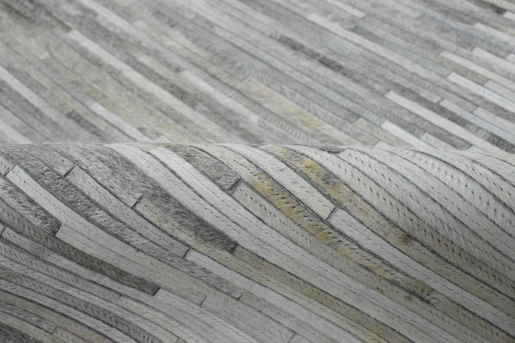 Hairon Leather Stripe Design Handmade Gray and Silver Area Rug, Hand Stitched Genuine Leather Rug | LR5