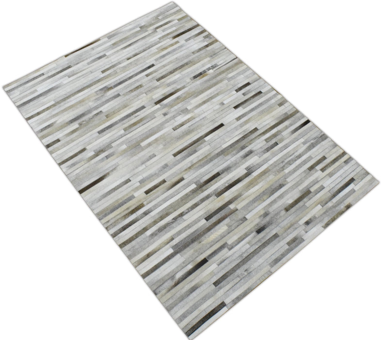 Handmade Hairon 5x8 Genuine Leather Stripe Design Beige and Ivory Area Rug | LR6