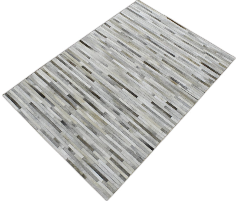 Handmade Hairon 5x8 Genuine Leather Stripe Design Beige and Ivory Area Rug | LR6