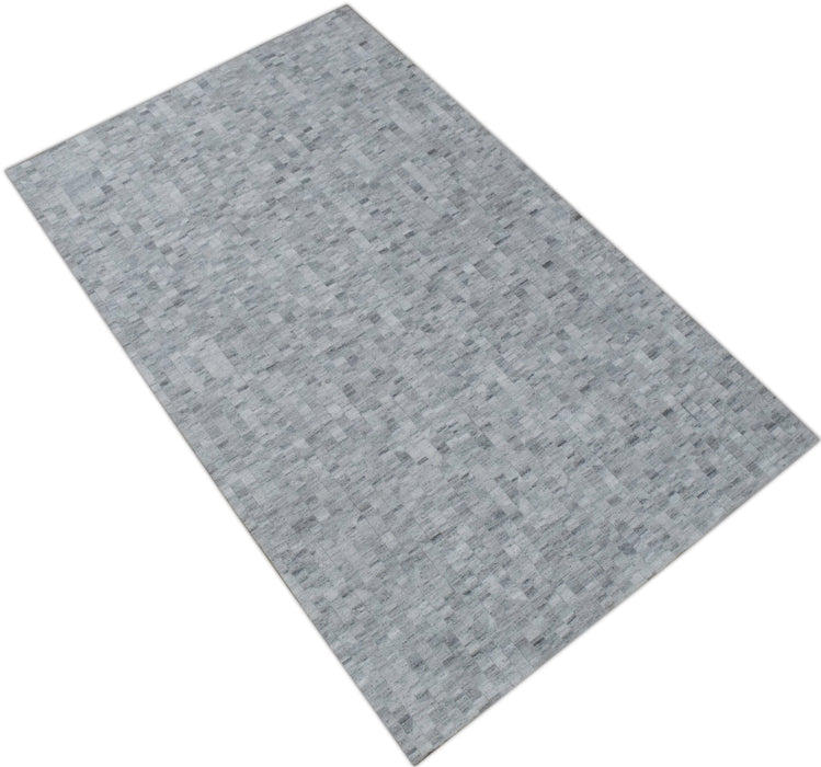 Handmade Hairon 5x8 Genuine Leather Geometric Design Gray and Silver Area Rug | LR13