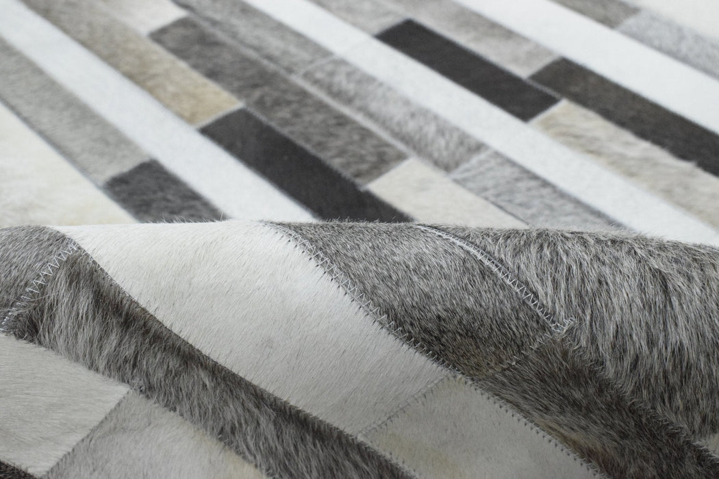 Handmade Hairon 5x8 Genuine Leather Stripe Design Gray and Silver Area Rug | LR7