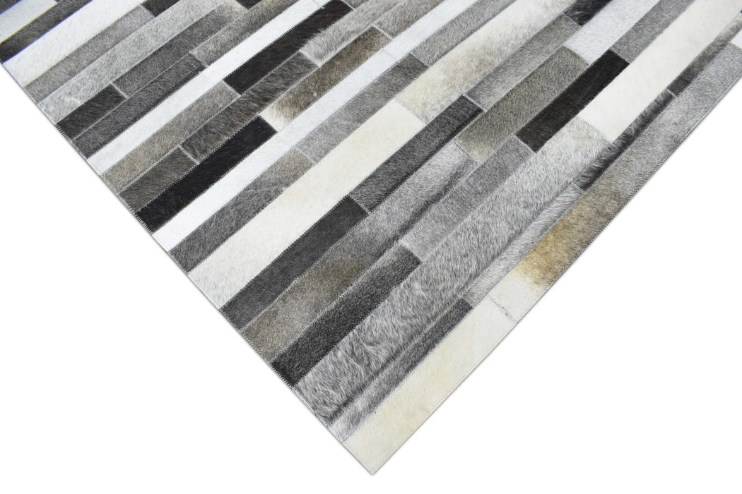 Handmade Hairon 5x8 Genuine Leather Stripe Design Gray and Silver Area Rug | LR7