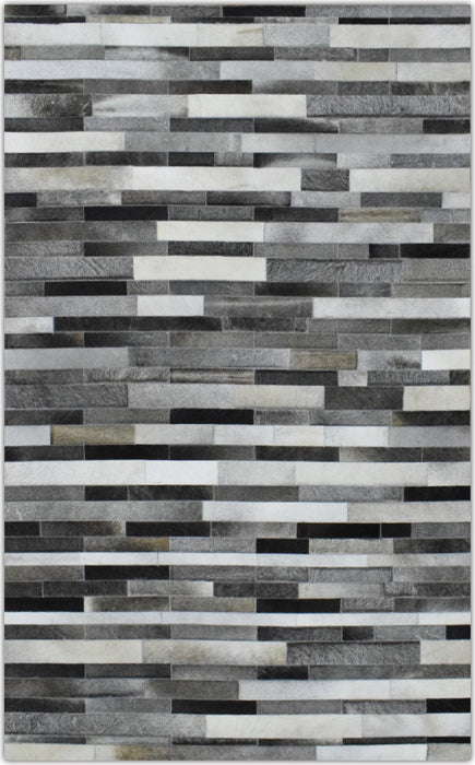 Handmade Hairon 5x8 Genuine Leather Stripe Design Gray and Silver Area Rug | LR7
