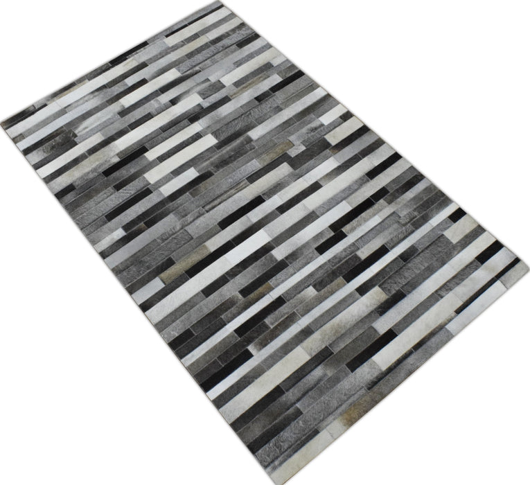 Handmade Hairon 5x8 Genuine Leather Stripe Design Gray and Silver Area Rug | LR7