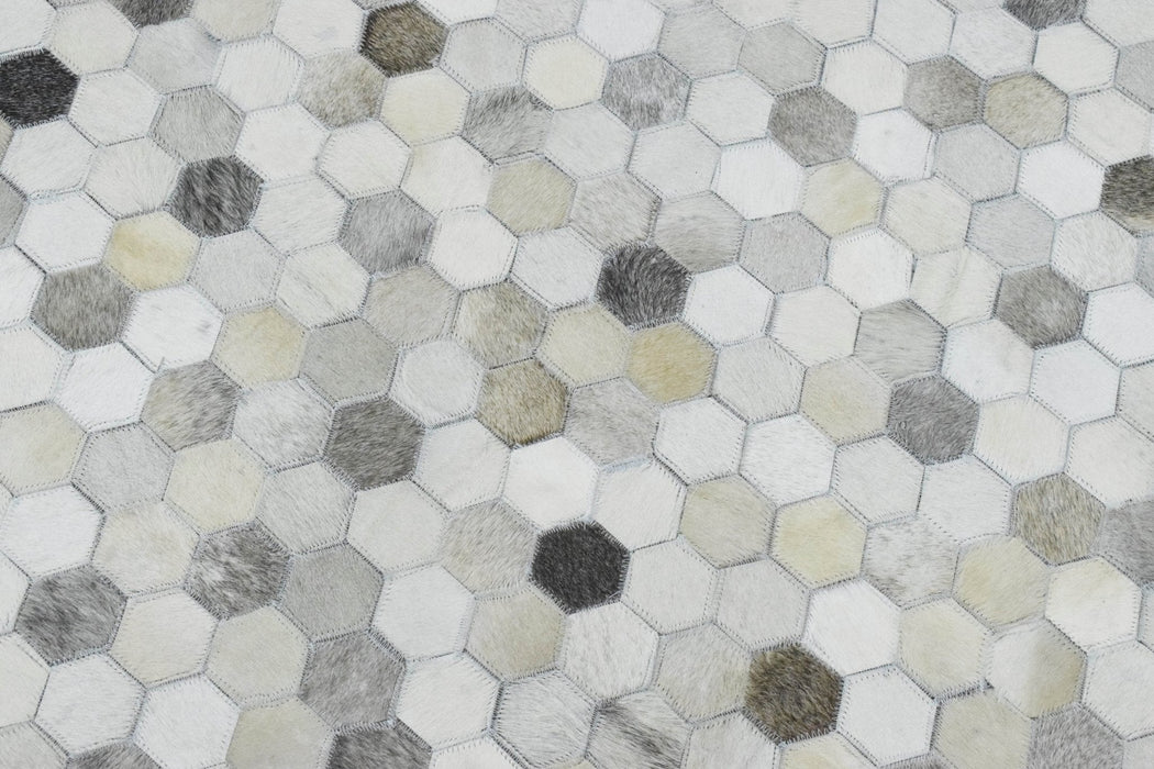 Handmade Hairon Genuine Leather Ivory and Silver Area Rug | LR1
