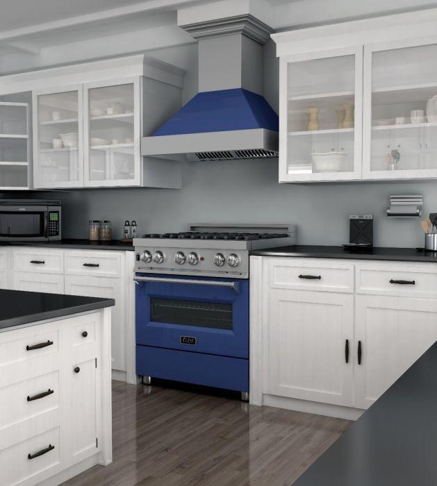 ZLINE 30 in. Professional Gas Burner/Electric Oven in DuraSnow® Stainless with Blue Gloss Door, RAS-BG-30