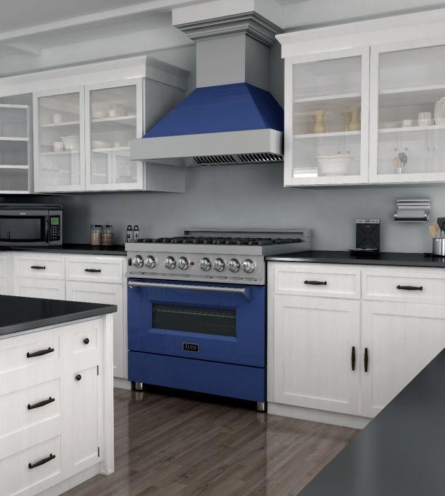 ZLINE 36 in. Professional Gas Burner/Electric Oven in DuraSnow® Stainless with Blue Gloss Door, RAS-BG-36