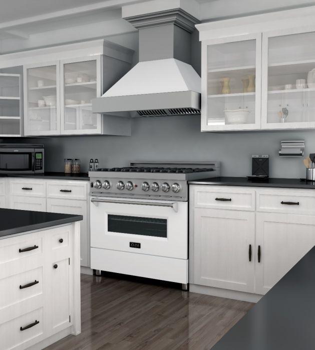 ZLINE 36" Dual Fuel Range in DuraSnow® with White Matte Door & 36" Range Hood Appliance Package, 2KP-RASWMRH36