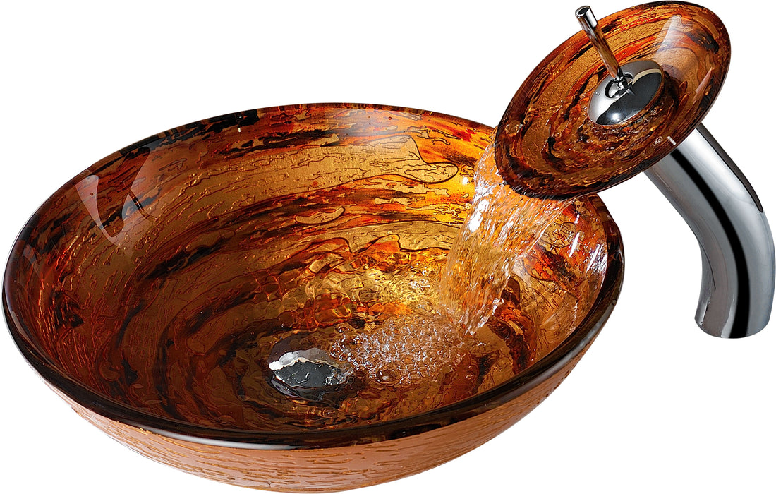 Stanza Series Vessel Sink in Brown with Pop-Up Drain and Matching Faucet in Lustrous Brown