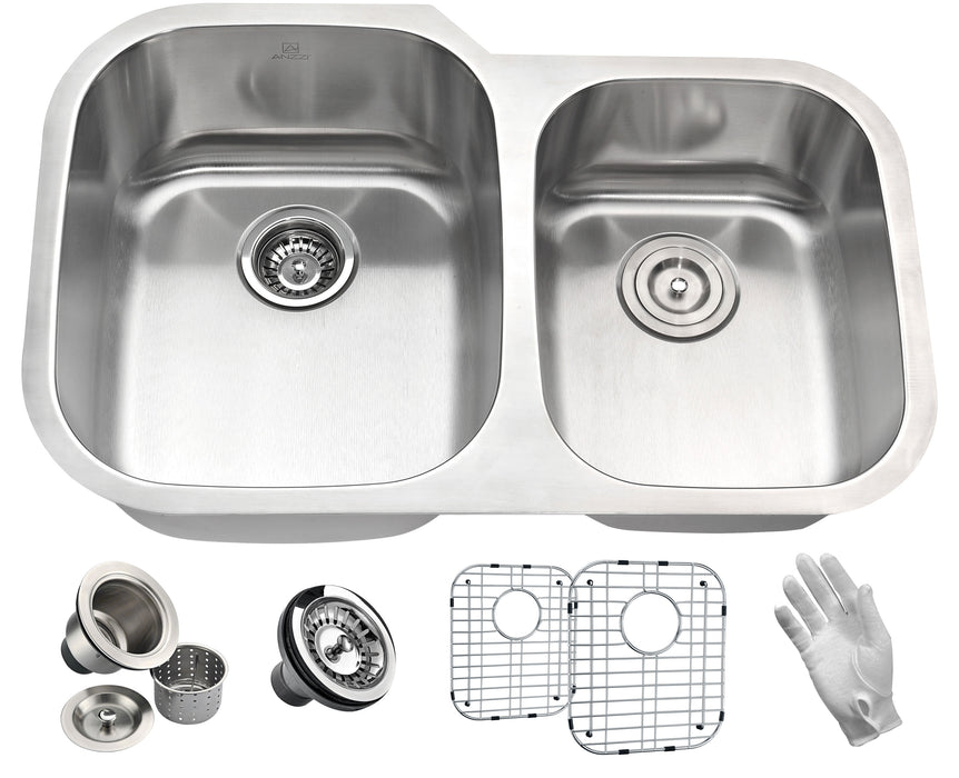 Moore Undermount Stainless Steel 32 in. 0-Hole 60/40 Double Bowl Kitchen Sink in Brushed Satin