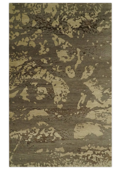 Olive and Brown Modern Abstract 5x8 Hand Knotted Wool and Silk Area Rug