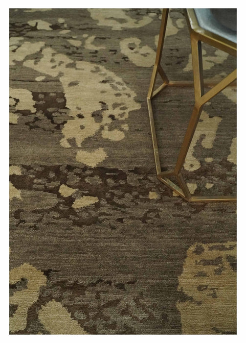 Olive and Brown Modern Abstract 5x8 Hand Knotted Wool and Silk Area Rug