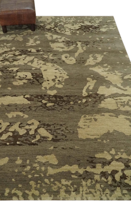 Olive and Brown Modern Abstract 5x8 Hand Knotted Wool and Silk Area Rug