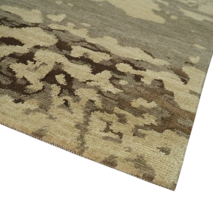 Olive and Brown Modern Abstract 5x8 Hand Knotted Wool and Silk Area Rug